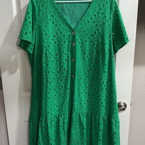 Green Eyelet Button-Down Dress